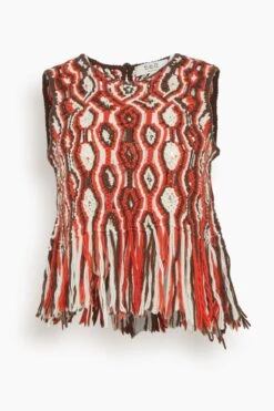 SEA Drew Macrame Knit Crew Neck Top With Fringe In Red