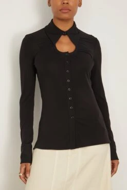 Long Sleeve Jersey Button Top In Black -ULLA JOHNSON Shop 294440 2