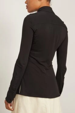 Long Sleeve Jersey Button Top In Black -ULLA JOHNSON Shop 294440 3