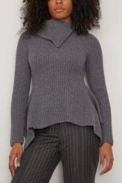 Keyara Foldover Collared Sweater In Charcoal Melange -ULLA JOHNSON Shop 298135 2