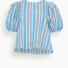Ganni Stripe Cotton Open Back Top In Brilliant Blue