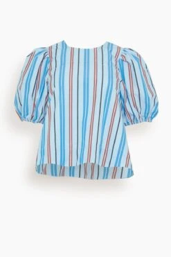 Ganni Stripe Cotton Open Back Top In Brilliant Blue