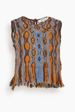 SEA Drew Macrame Knit Crew Neck Top With Fringe In Blue