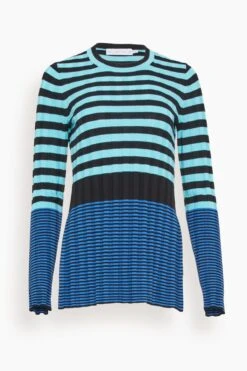 Slinky Stripe Long Sleeve Sweater In Aqua/Black/Oxford Blue