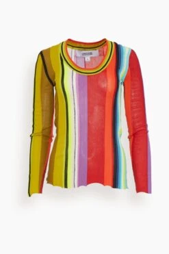 Scoop Neck Striped Knit Top In Rainbow Multi