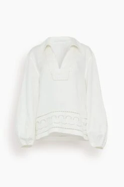 Abel Scarf Embroidered Long Sleeve V-Neck Top In White