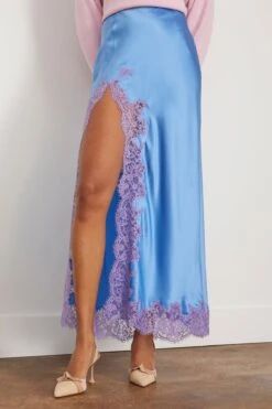 High Slit Lace Applique Skirt In Cornflower Blue -ULLA JOHNSON Shop dannijo HighSlitLaceAppliqueSkirtinCornflowerBlue 2