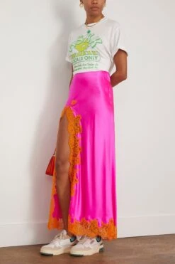 High Slit Lace Applique Skirt In Hot Fuschia -ULLA JOHNSON Shop dannijo HighSlitLaceAppliqueSkirtinHotFuschia 1