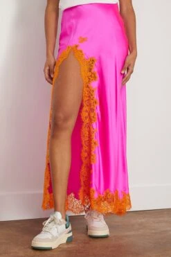 High Slit Lace Applique Skirt In Hot Fuschia -ULLA JOHNSON Shop dannijo HighSlitLaceAppliqueSkirtinHotFuschia 2