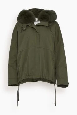 Cotton Parka Coat With Rabbit/Fox Trim In Hunter Green