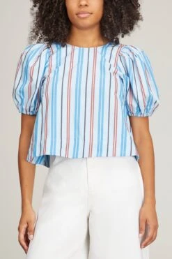 Ganni Stripe Cotton Open Back Top In Brilliant Blue -ULLA JOHNSON Shop ganni stripe cotton open back top in brilliant blue 2