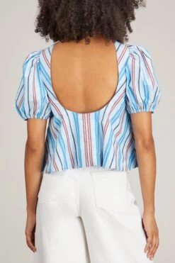 Ganni Stripe Cotton Open Back Top In Brilliant Blue -ULLA JOHNSON Shop ganni stripe cotton open back top in brilliant blue 3