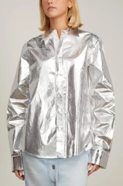 MM6 Maison Margiela Metallic Button Down Shirt In Silver 8 MM6 Maison Margiela Metallic Button Down Shirt In Silver -ULLA JOHNSON Shop mm6 metallic button down shirt in silver 2