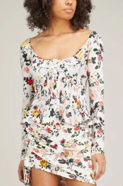 Paco Rabanne Long Sleeve Short Top In Ivory Rose Garden -ULLA JOHNSON Shop paco rabanne long sleeve short top in ivory rose garden 2