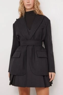 Sacai Chalk Stripe X Suiting Bonding Jacket In Black -ULLA JOHNSON Shop sacai ChalkStripexSuitingBondingJacketinBlack 2