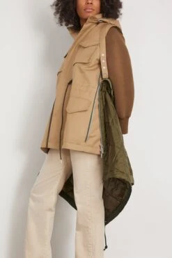 Sacai Cotton Gabardine X Quilted Coat In Beige/Khaki -ULLA JOHNSON Shop sacai CottonGabardinexQuiltedCoatinBeigeKhaki 3