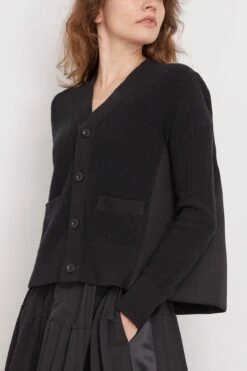 Sacai Suiting Bonding X Cotton Cashmere Knit Cardigan In Black 8 Sacai Suiting Bonding X Cotton Cashmere Knit Cardigan In Black -ULLA JOHNSON Shop sacai SuitingBondingxCottonCashmereKnitCardiganinBlack 2
