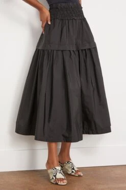 SEA Diana Taffeta Smocked Midi Skirt In Black -ULLA JOHNSON Shop sea DianaTaffetaSmockedMidiSkirtinBlack 2