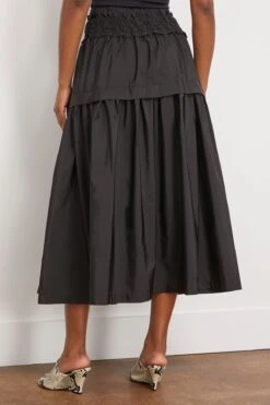 SEA Diana Taffeta Smocked Midi Skirt In Black -ULLA JOHNSON Shop sea DianaTaffetaSmockedMidiSkirtinBlack 3