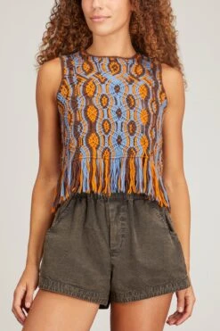 SEA Drew Macrame Knit Crew Neck Top With Fringe In Blue -ULLA JOHNSON Shop sea drew macrame knit crew neck top with fringe in blue 2