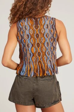 SEA Drew Macrame Knit Crew Neck Top With Fringe In Blue -ULLA JOHNSON Shop sea drew macrame knit crew neck top with fringe in blue 3