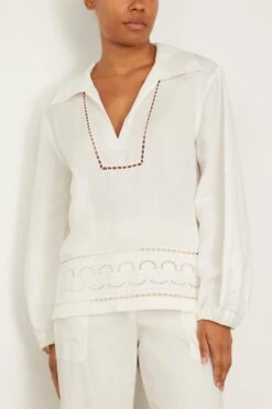 Abel Scarf Embroidered Long Sleeve V-Neck Top In White -ULLA JOHNSON Shop simkhai AbelScarfEmbroideredLongSleeveV NeckTopinWhite 2