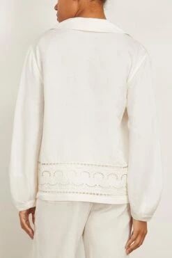 Abel Scarf Embroidered Long Sleeve V-Neck Top In White -ULLA JOHNSON Shop simkhai AbelScarfEmbroideredLongSleeveV NeckTopinWhite 3