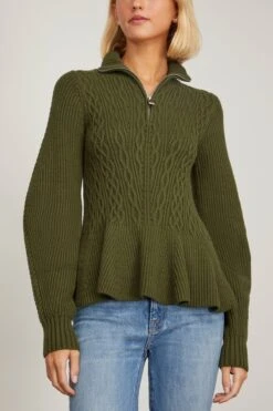 Susanna Long Sleeve Polo In Moss 8 Susanna Long Sleeve Polo In Moss -ULLA JOHNSON Shop simkhai SusannaLongSleevePoloinMoss 2