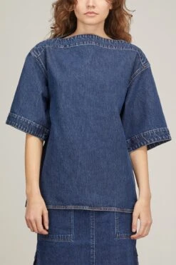 Toteme Dart-Neck Denim Top In Dark Blue 8 Toteme Dart-Neck Denim Top In Dark Blue -ULLA JOHNSON Shop toteme dart neck denim top in dark blue 2