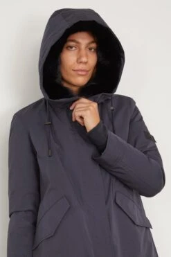 Cotton Parka Coat With Rabbit/Fox Trim In Ink -ULLA JOHNSON Shop yvessalomon CottonParkaCoatwithRabbitFoxTriminInk 4